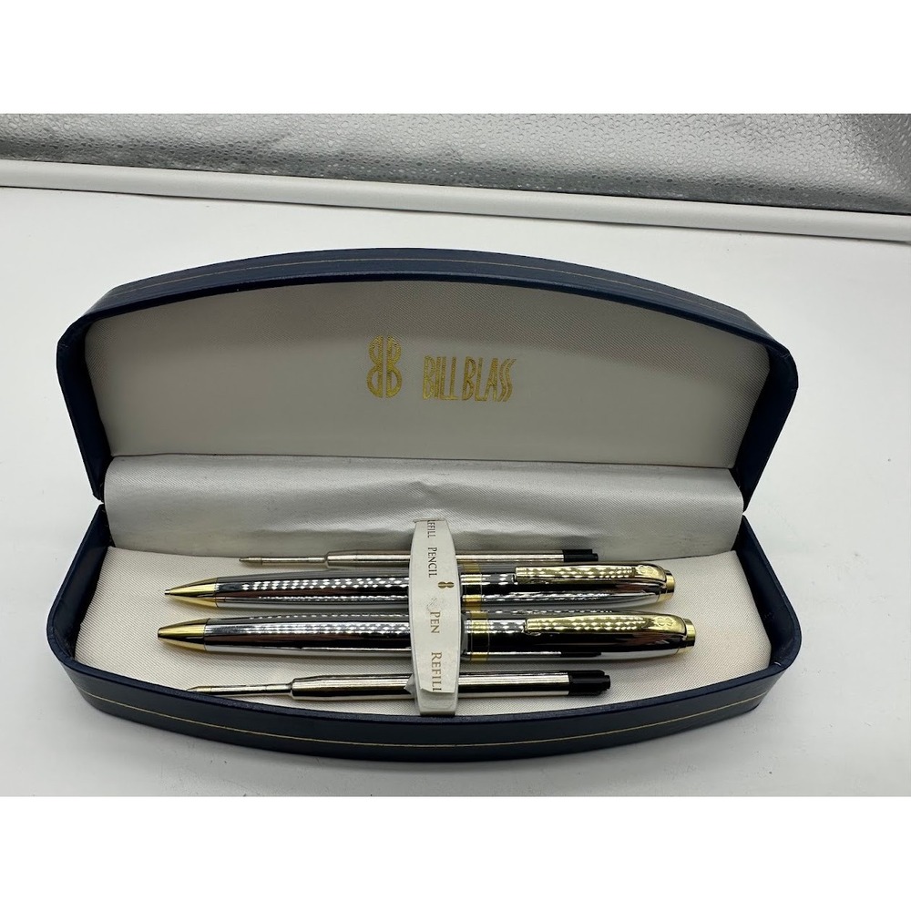 Bill Blass Vintage Pen and Pencil Set Silver Gold Tone with Case BB0051RF-3